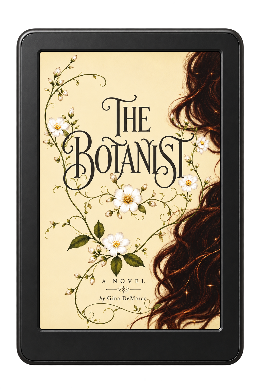 An e-reader displaying The Botanist cover